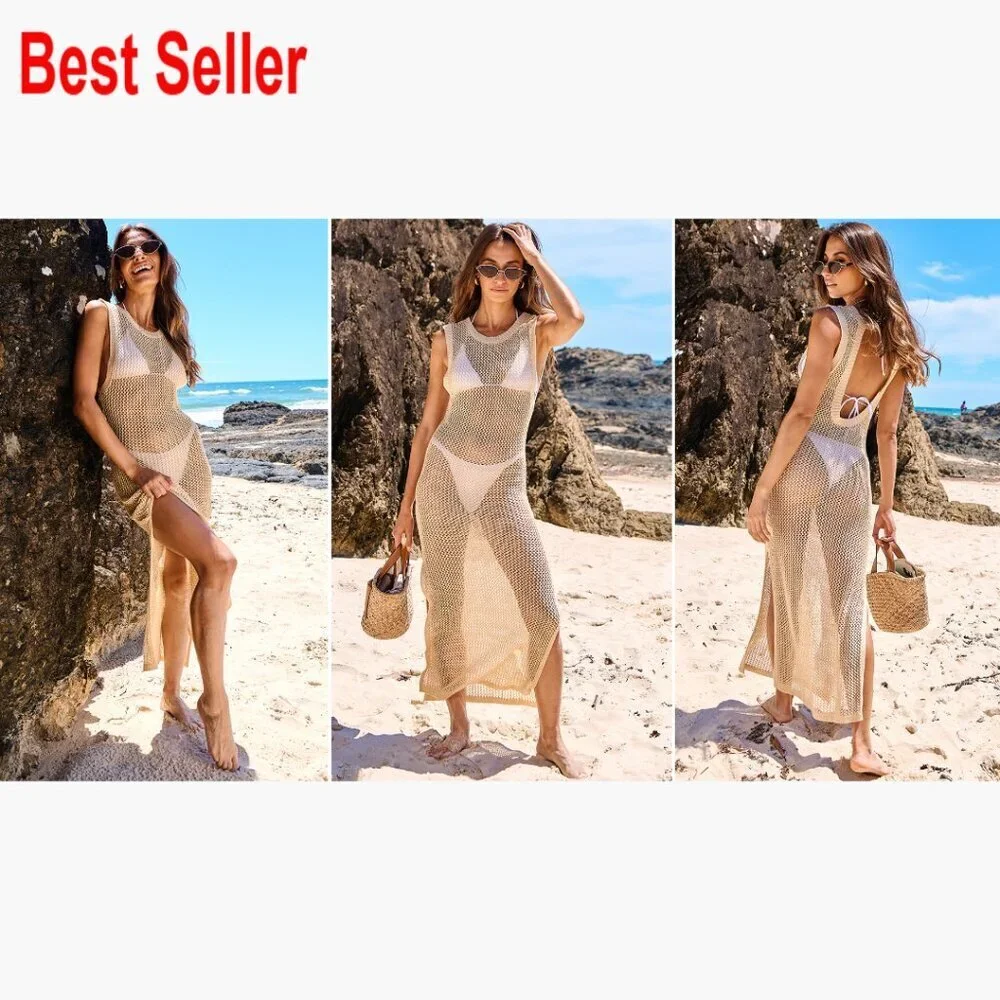 Sleeveless Hollow Knit Crochet Beach Dress Coverup